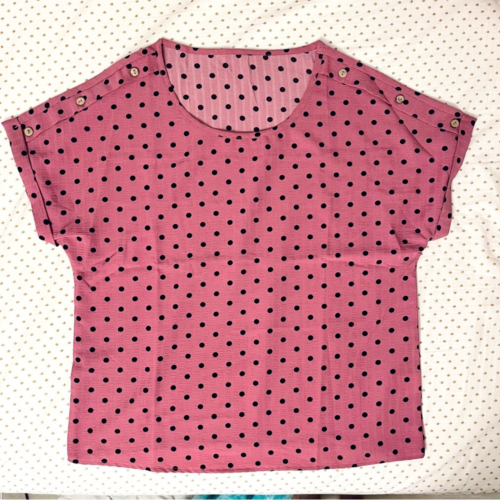 Polkadot pink blouse with button shoulder accents